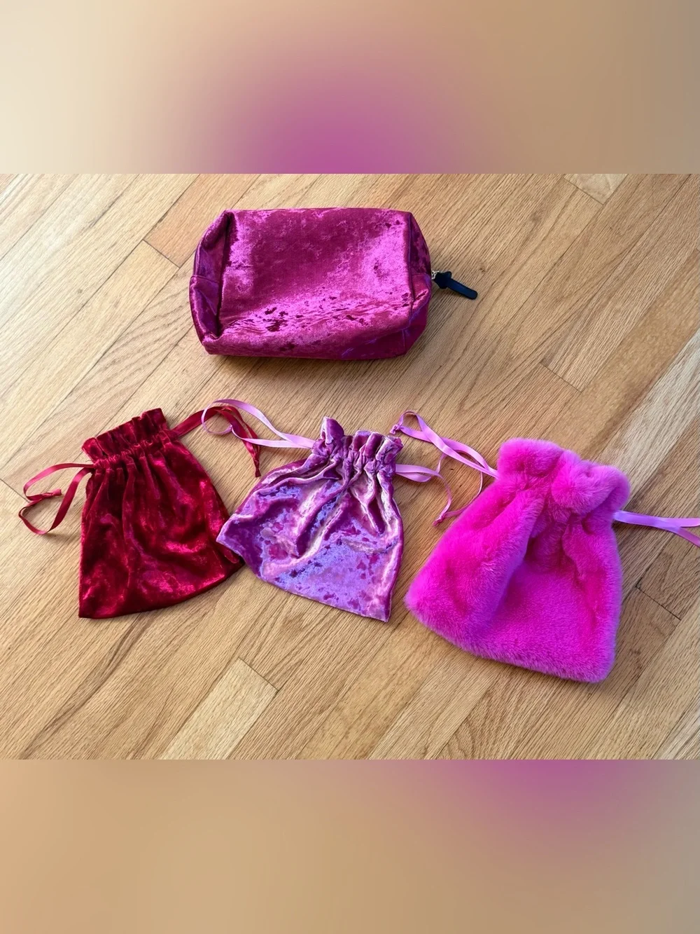 Assorted Pink and Red Velvet Drawstring Bags and Pouch Set